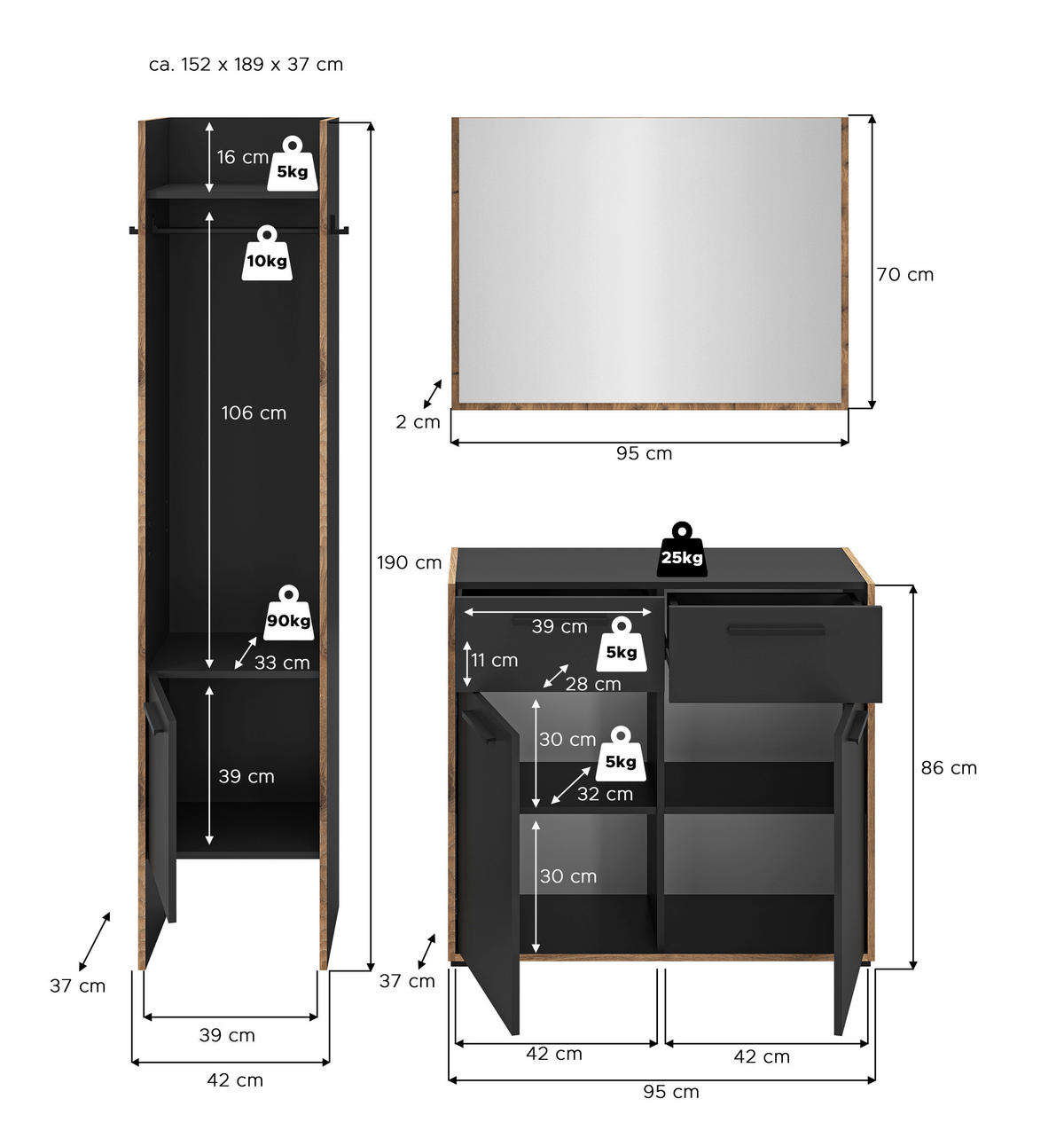 Garderobe Bueno Basalt Nox Oak Nachbildung B/H/T: ca. 152x189x37 cm Bueno - Basalt (152,00/189,00/37,00cm) - xonox.home
