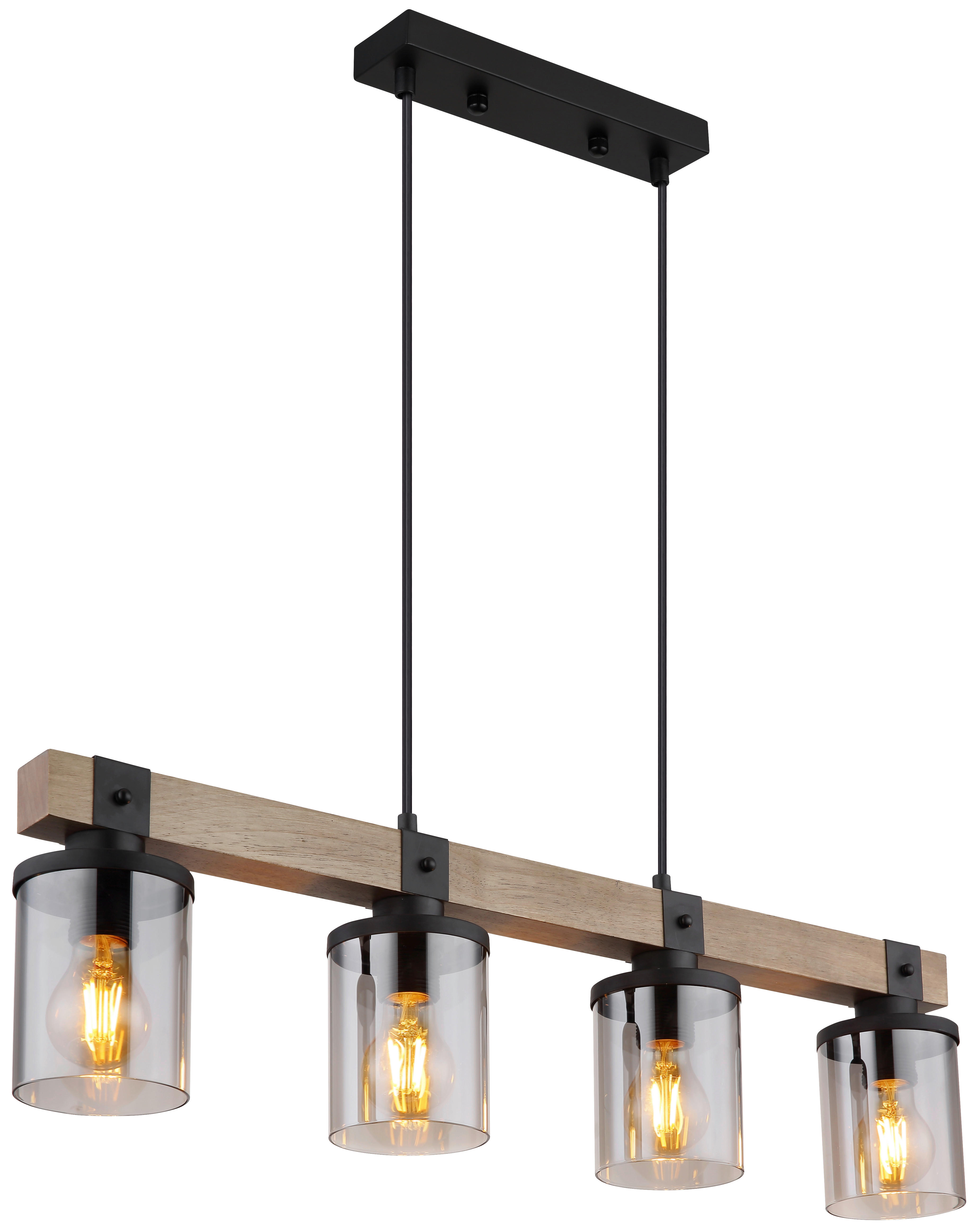 GLOBO Pendelleuchte 15555-4H schwarz natur Rauch Holz Metall Rauchglas B/H/T: ca. 10x133x73 cm E27 4 Brennstellen Pendelleuchte_Lila - natur/schwarz (10,00/133,00/73,00cm) - GLOBO