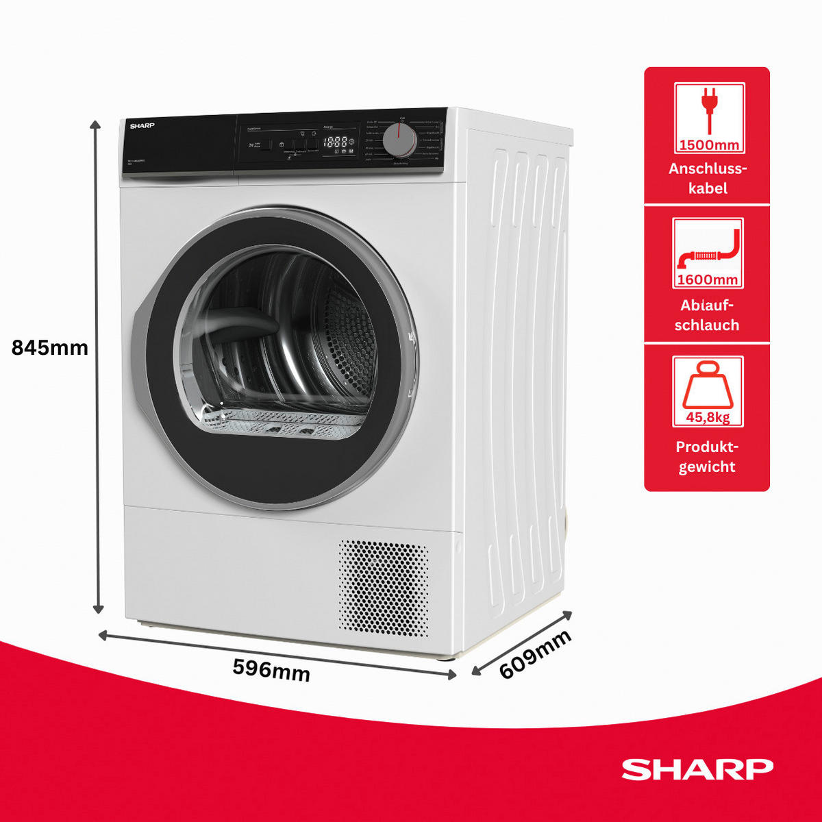 Sharp Wärmepumpentrockner KD-NHA8S6GW1D-DE Wärmepumpentrockner KD-NHA8S6GW1DDE - weiß (59,60/84,60/60,90cm) - Sharp