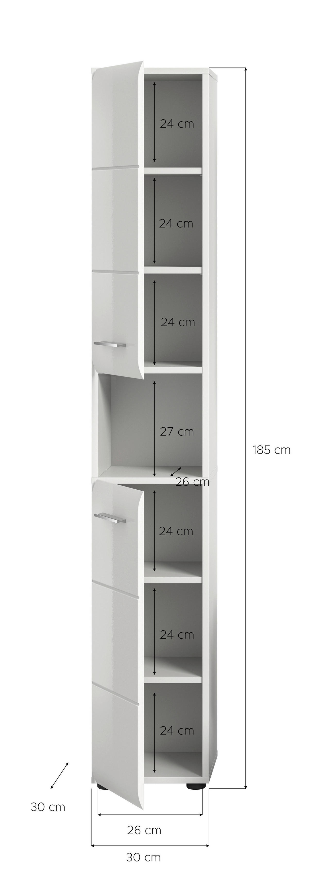 Hochschrank Ice weiß weiß Hochglanz B/H/T: ca. 30x185x30 cm Ice - weiß (30,00/185,00/30,00cm) - xonox.home