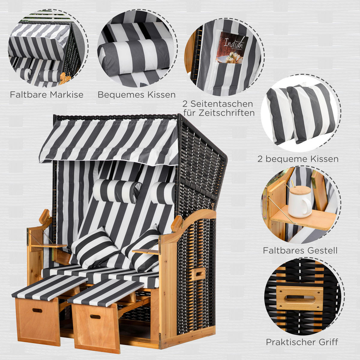 Outsunny Strandkorb grau Polypropylen B/H/L: ca. 79x118x160 cm Strandkorb - weiß/grau (160,00/79,00/118,00cm) - Outsunny