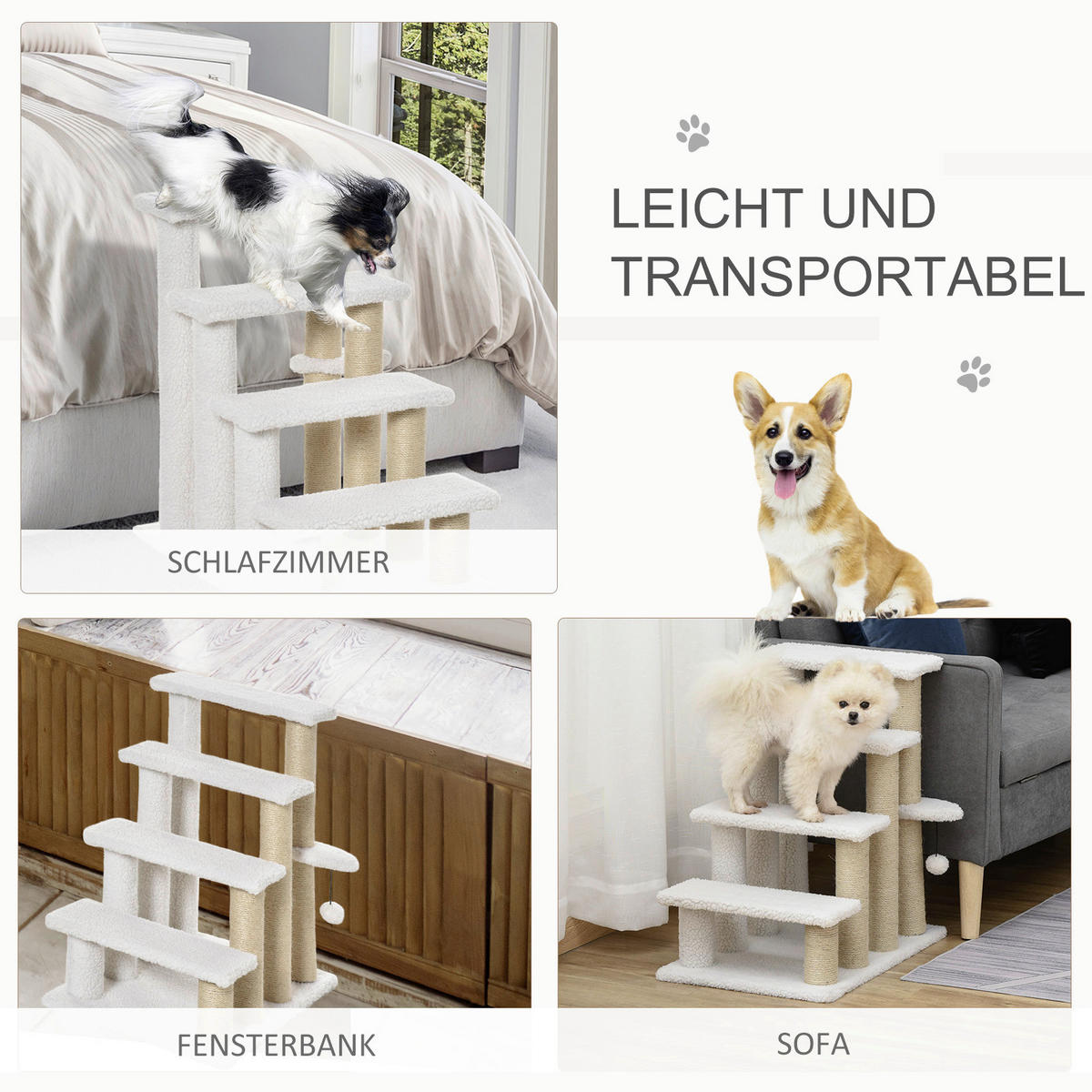 PawHut Haustiertreppe m. Kratzbaum Ball weiß Spanplatte B/H/L: ca. 40x60x64 cm Haustiertreppe - weiß (64,00/40,00/60,00cm) - PawHut