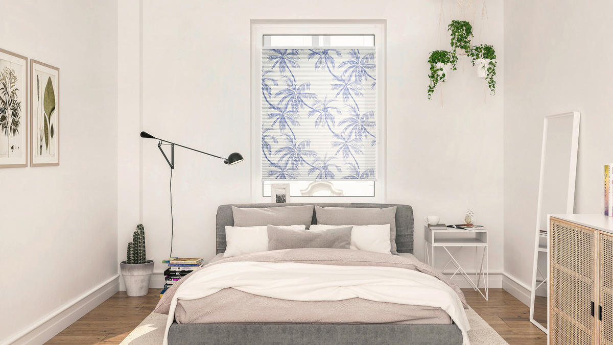Spannplissee Blueprint Palms blau B/L: ca. 45x130 cm Blueprint Palms - blau (45,00/130,00cm) - LICHTBLICK