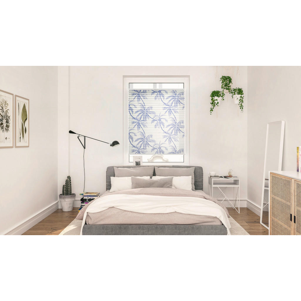 Thumbnail - Spannplissee Blueprint Palms blau B/L: ca. 100x130 cm