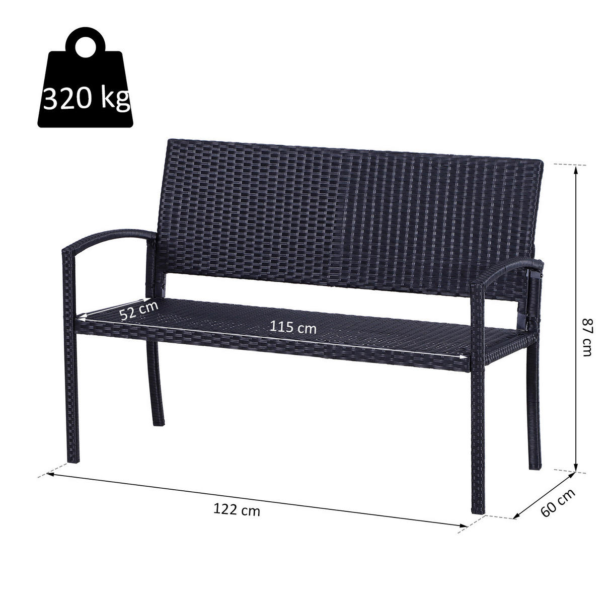 Outsunny Gartenbank schwarz Stahl B/H/L: ca. 60x87x122 cm Polyrattan_Gartenbank - schwarz (122,00/60,00/87,00cm) - Outsunny