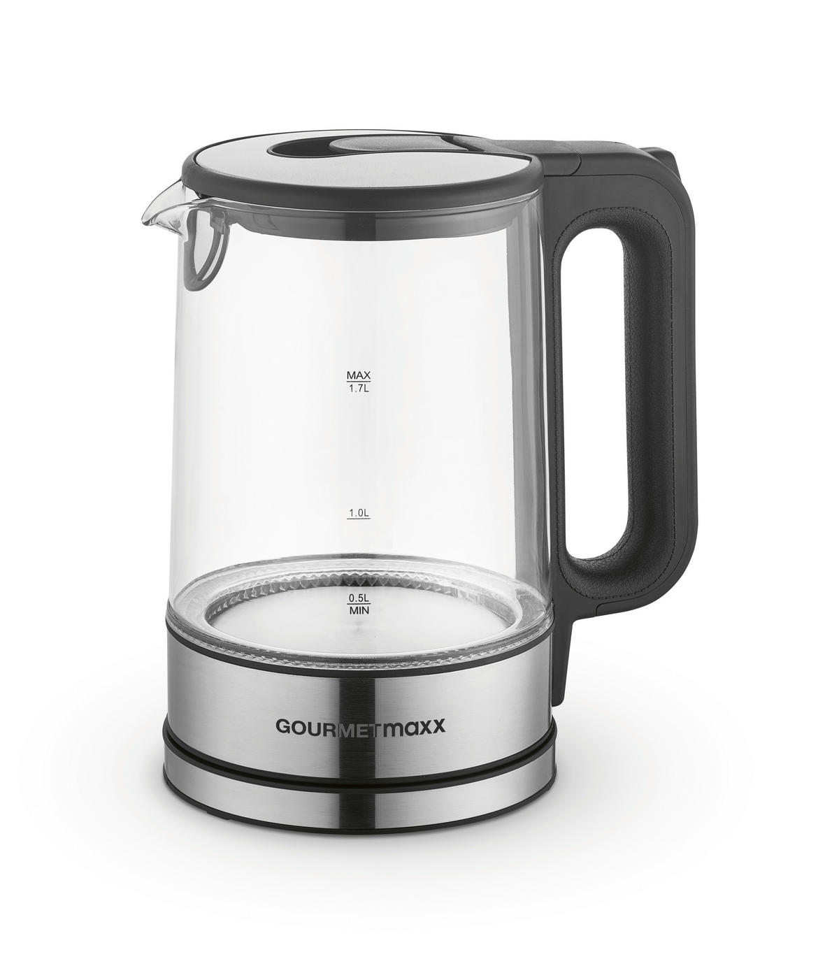 GOURMETmaxx Wasserkocher schwarz silber Glas Edelstahl B/H/L: ca. 15x24x21 cm ca. 1,7 l Wasserkocher_Glas 12053 - schwarz/silber (21,00/15,00/24,00cm) - GOURMETmaxx