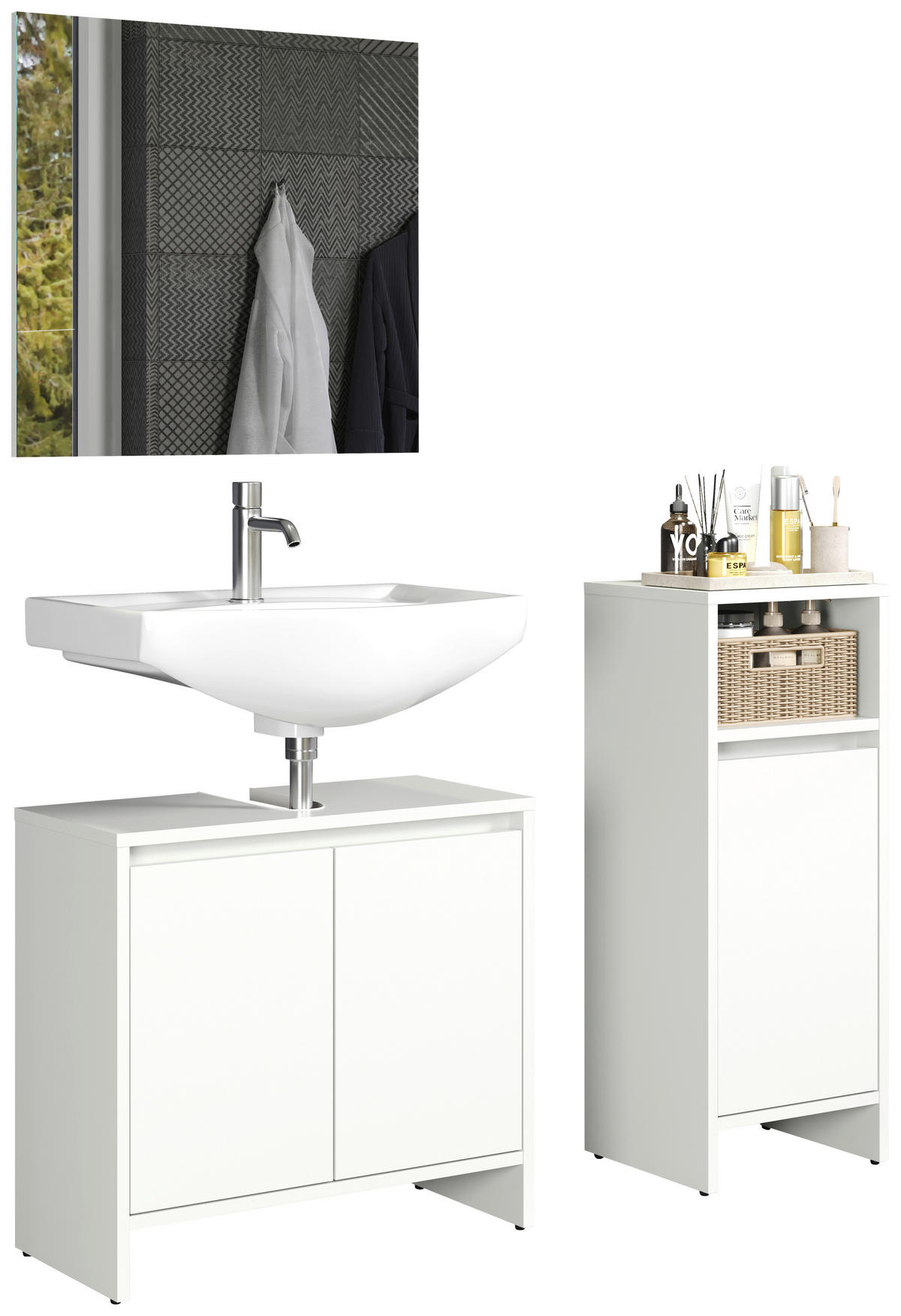 Badezimmer-Set Basix weiß matt grau B/H/T: ca. 107x164x28 cm Basix - weiß/grau (107,00/164,00/28,00cm) - Trendteam