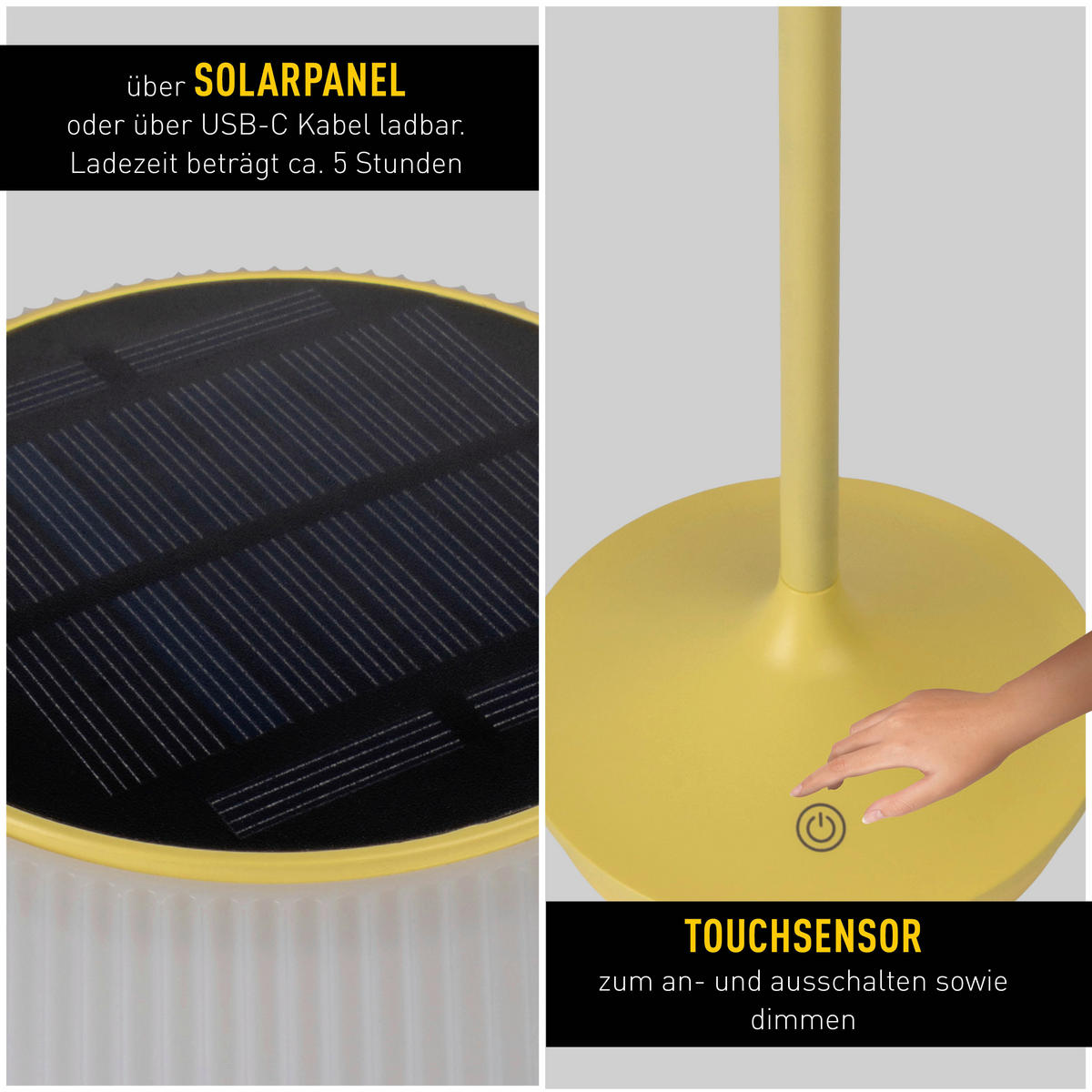 LED-Solar-Tischleuchte gelb Metall Kunststoff B/H/T/D: ca. 13x38x13x13 cm EMMI - gelb (13,00/38,00/13,00cm) - Näve Leuchten