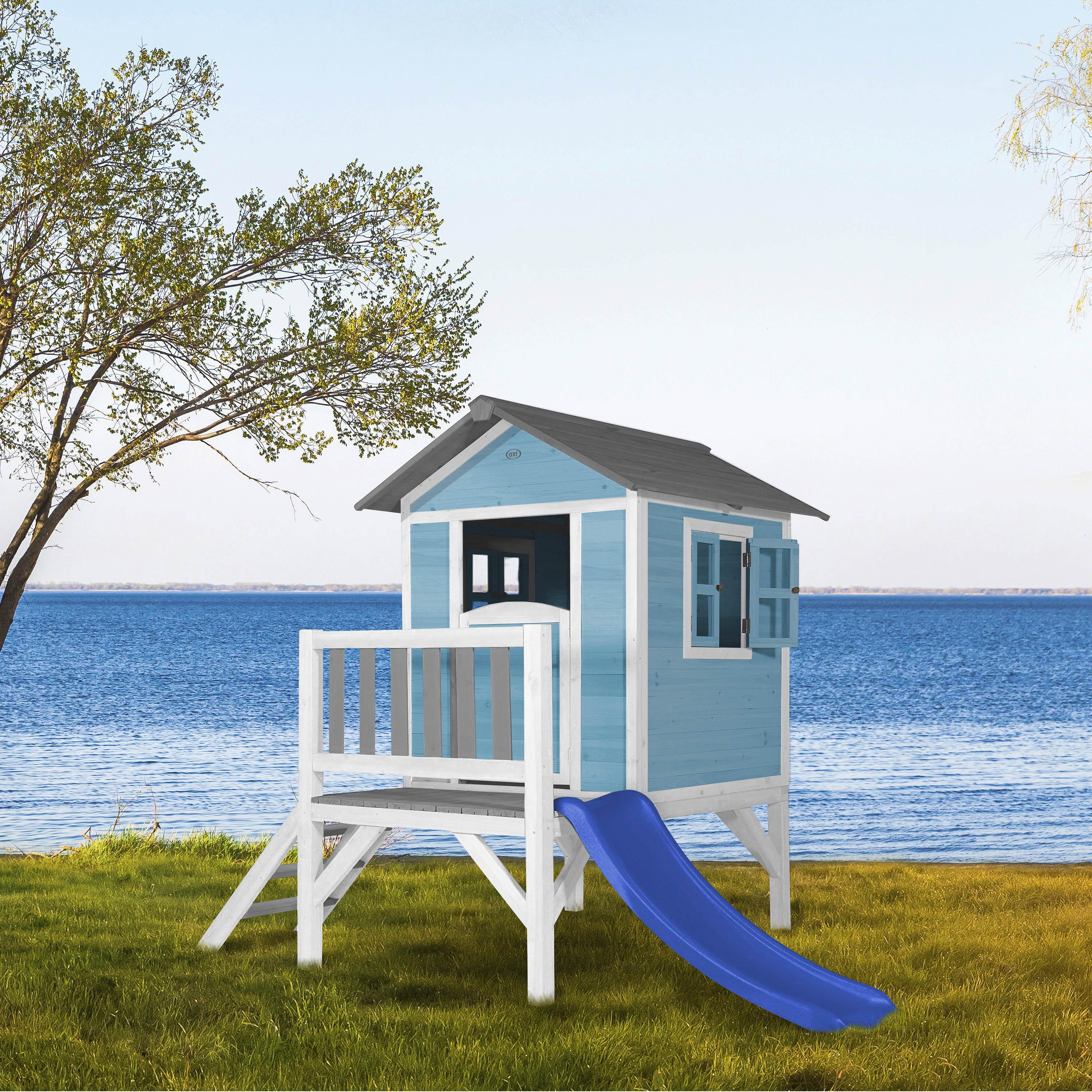 AXI Spielhaus Lodge XL blau B/H/T: ca. 240x189x167 cm Lodge XL - blau/weiß (240,00/189,00/167,00cm) - AXI
