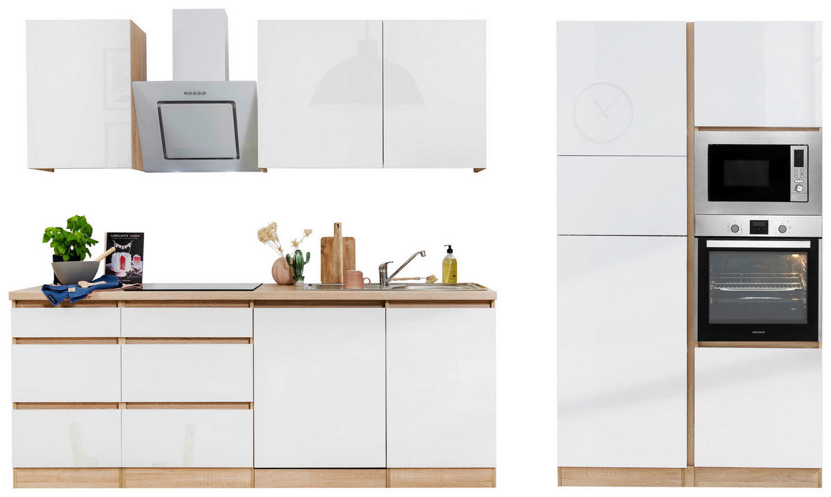 Respekta Küchenblock Premium weiß hochglänzend B/H/T: ca. 345x220,5x60 cm Premium - Eiche/weiß (345,00/220,50/60,00cm) - Respekta