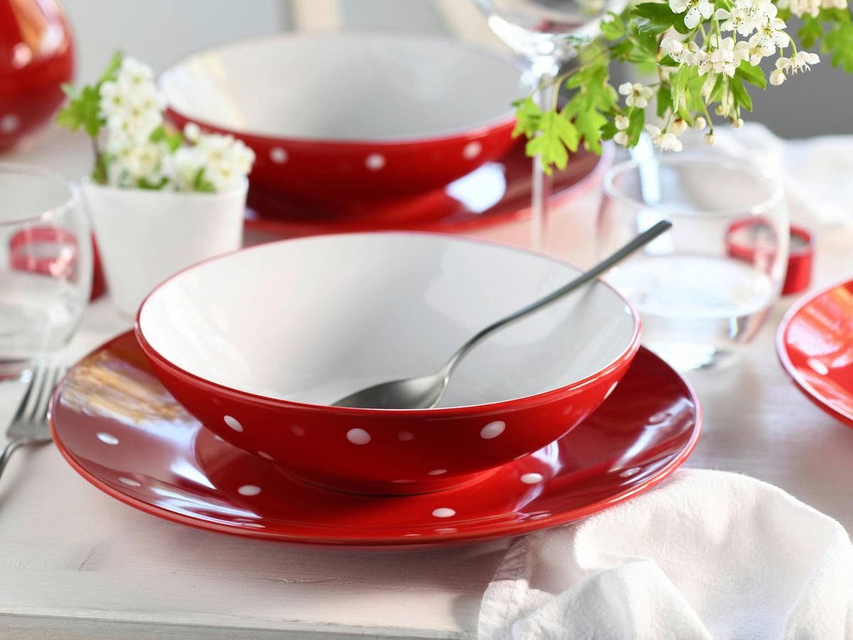 CreaTable Tafelservice Polka Dots weiß Steinzeug 12 tlg. Polka Dots - weiß/rot - CreaTable
