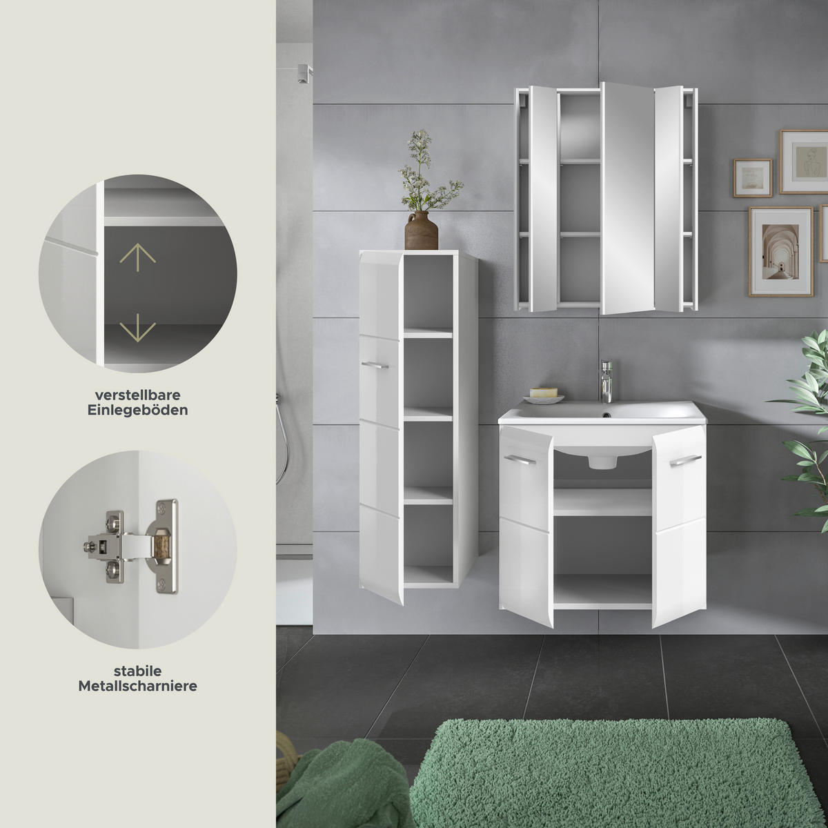 Badezimmer-Set Ice weiß weiß Hochglanz B/H/T: ca. 105x185x46 cm Ice - weiß (105,00/185,00/46,00cm) - xonox.home