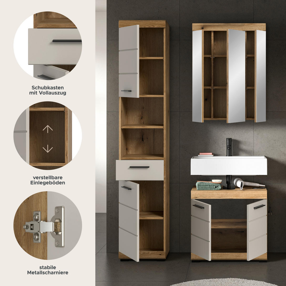 Badezimmer-Set Scout Evoke Oak Nachbildung Kaschmirgrau Nachbildung B/H/T: ca. 112x191x34 cm Scout - Kaschmirgrau (112,00/191,00/34,00cm) - xonox.home