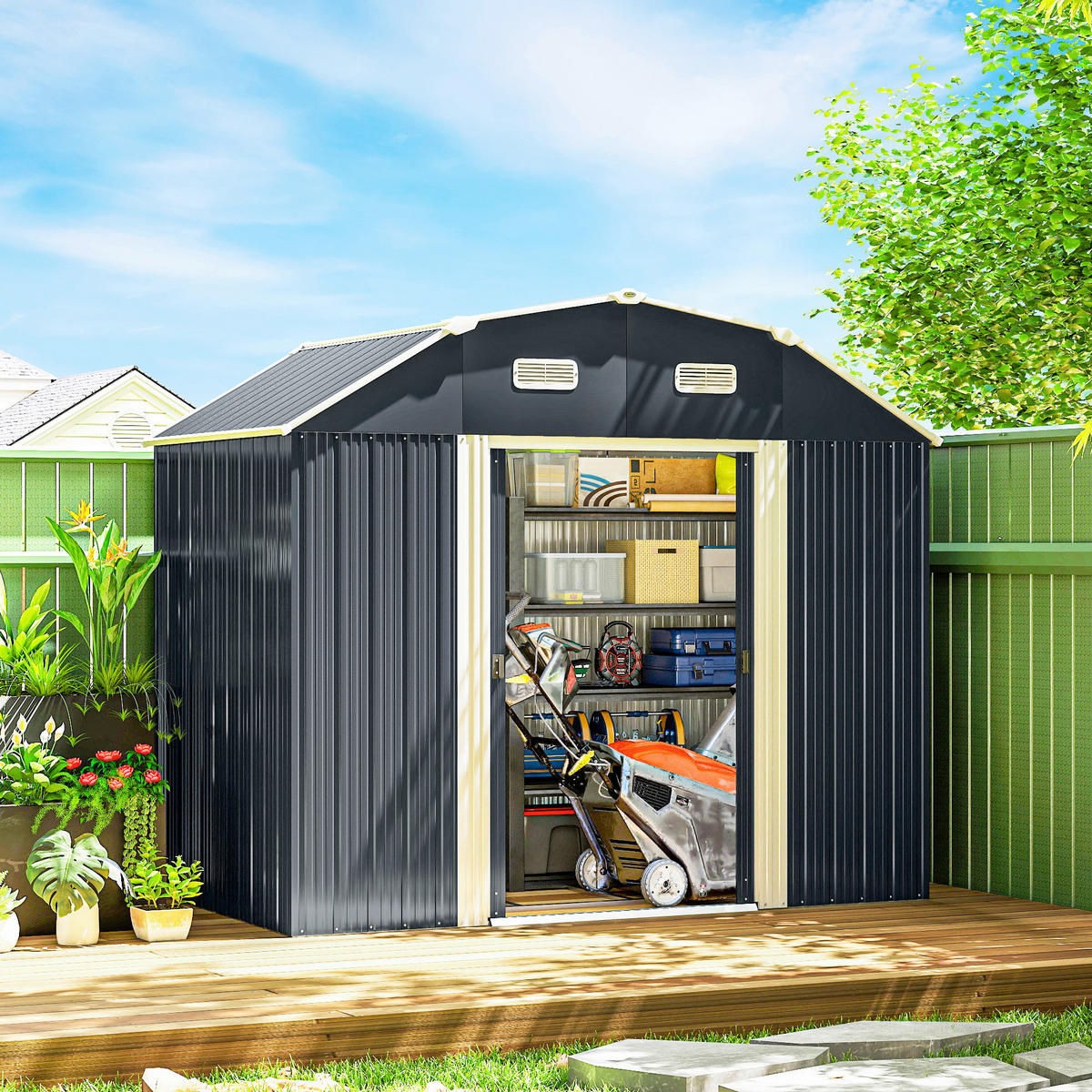 Outsunny Gerätehaus dunkelgrau B/H/L: ca. 132x198,5x238 cm Gerätehaus - dunkelgrau (238,00/132,00/198,50cm) - Outsunny