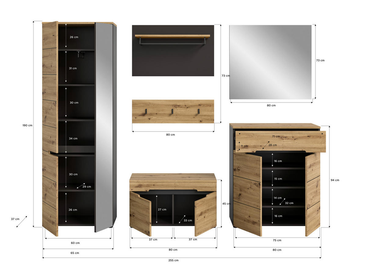Garderobe CANU edles Basaltgrau Nachbildung Eiche Artisan Nachbildung B/H/T: ca. 255x190x37 cm CANU - Eiche/edles Basaltgrau (255,00/190,00/37,00cm) - xonox.home