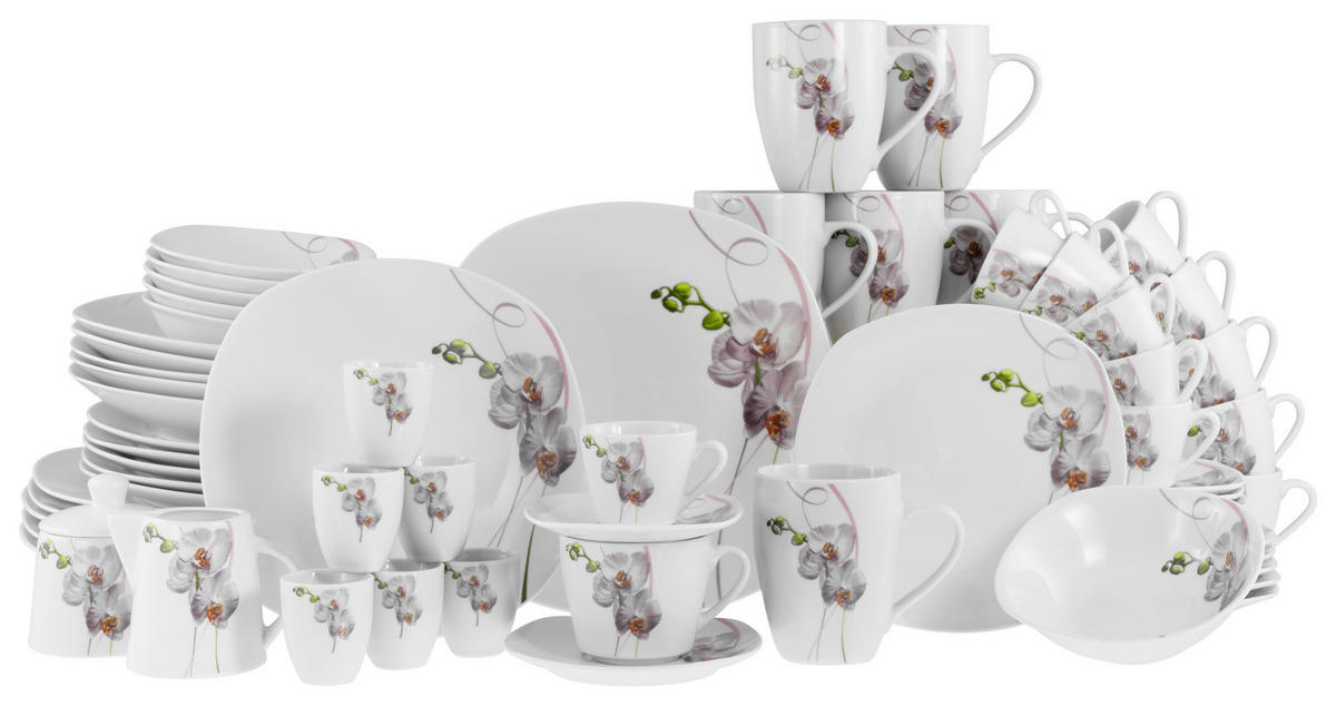 CreaTable Kombiservice Square Orchidee weiß Porzellan 62 tlg. Square Orchidee - weiß/mauve - CreaTable