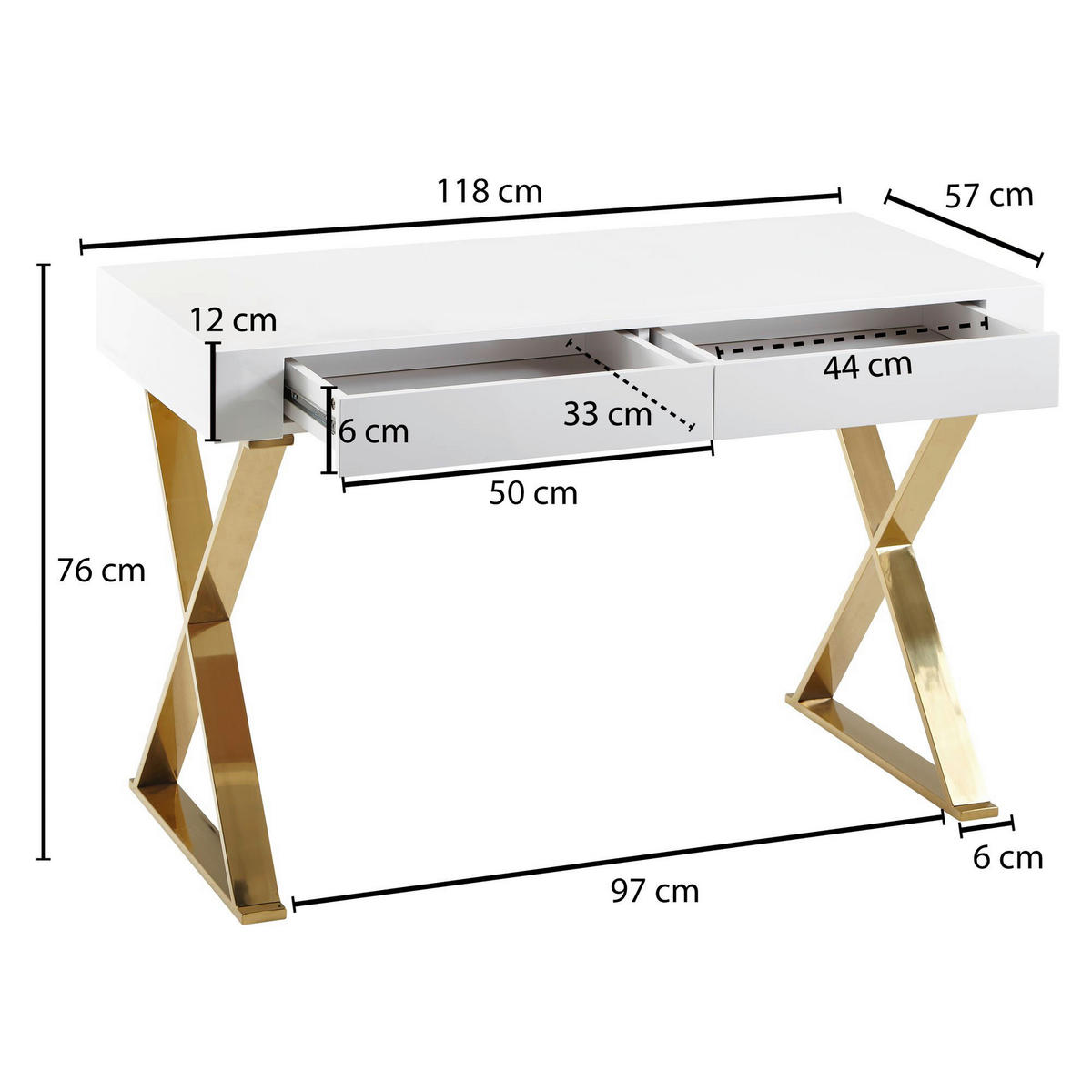 Schreibtisch weiß Lack Hochglanz gold lackiert B/H/T: ca. 118x76x57 cm Schreibtisch - gold/weiß (118,00/76,00/57,00cm) - Wohnling