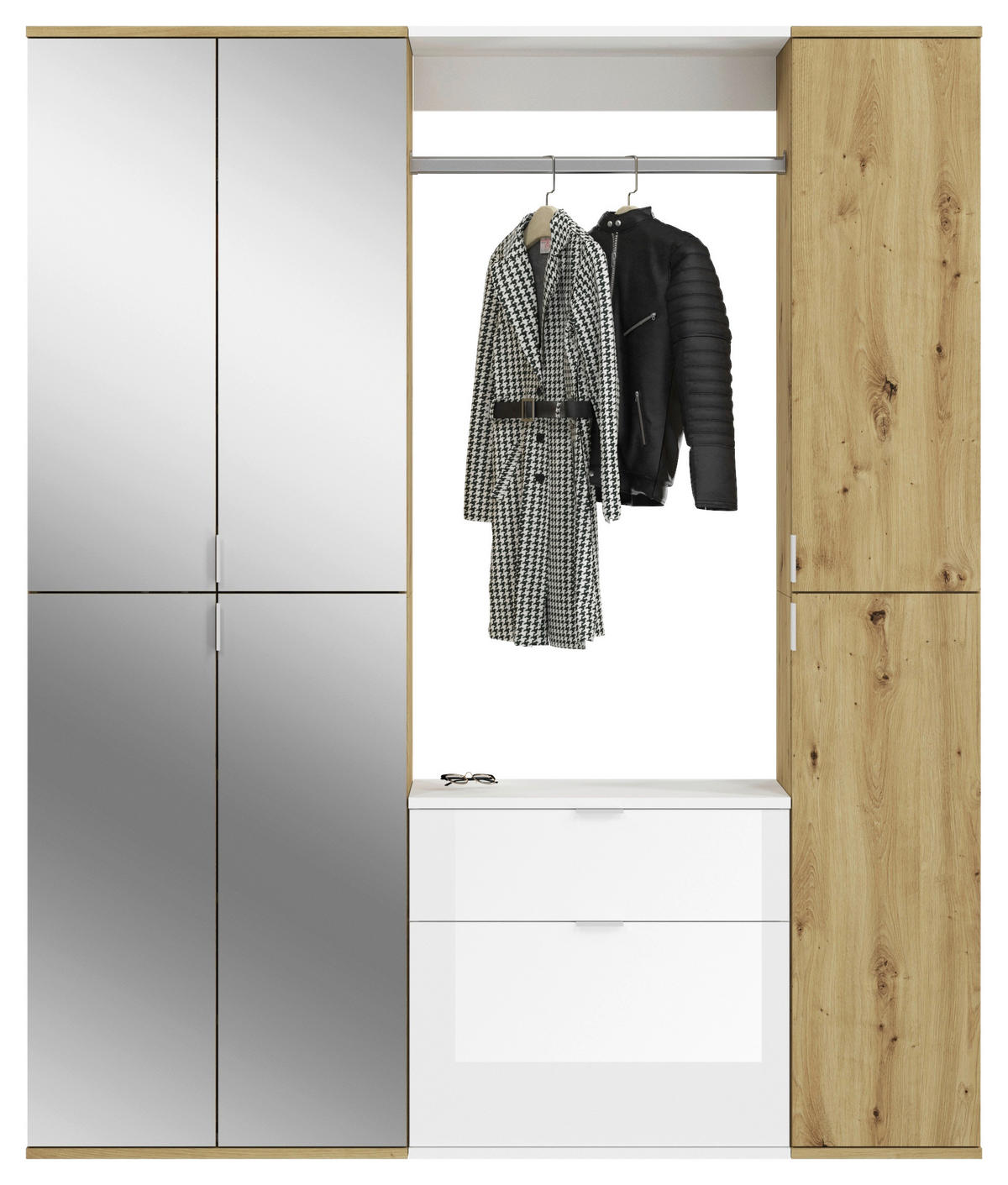 Garderobe PROJEKT Eiche Artisan Nachbildung weiß Hochglanz Spiegel B/H/T: ca. 152x193x34 cm PROJEKT - Eiche/weiß (152,00/193,00/34,00cm) - xonox.home