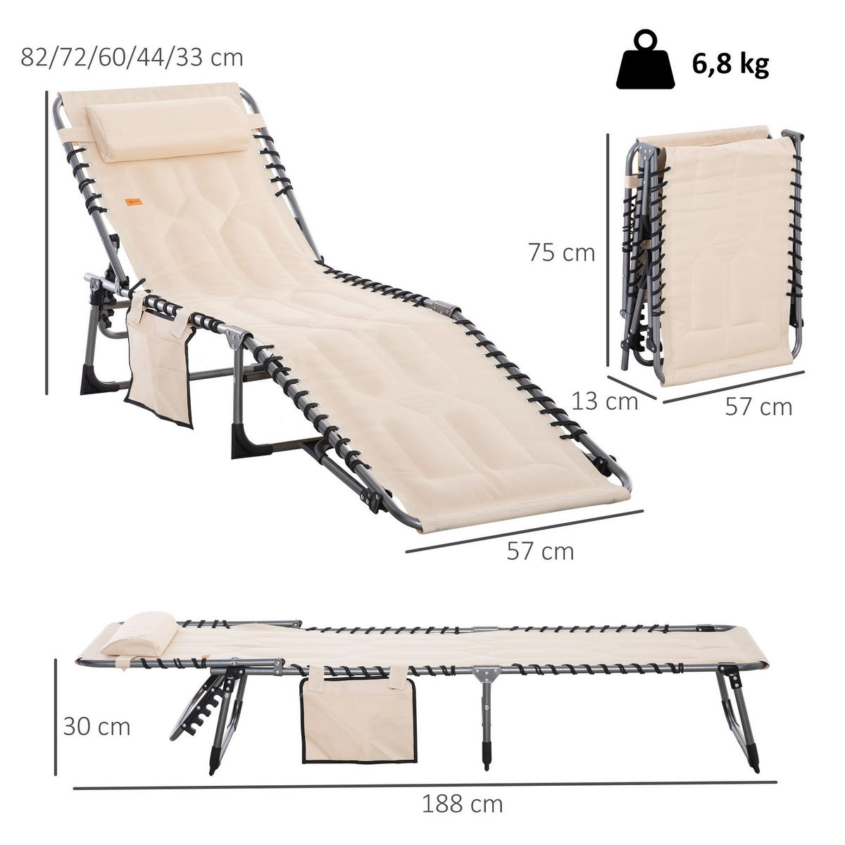 Outsunny Sonnenliege beige Polyester B/H/L: ca. 57x30x188 cm Sonnenliege - beige (188,00/57,00/30,00cm) - Outsunny