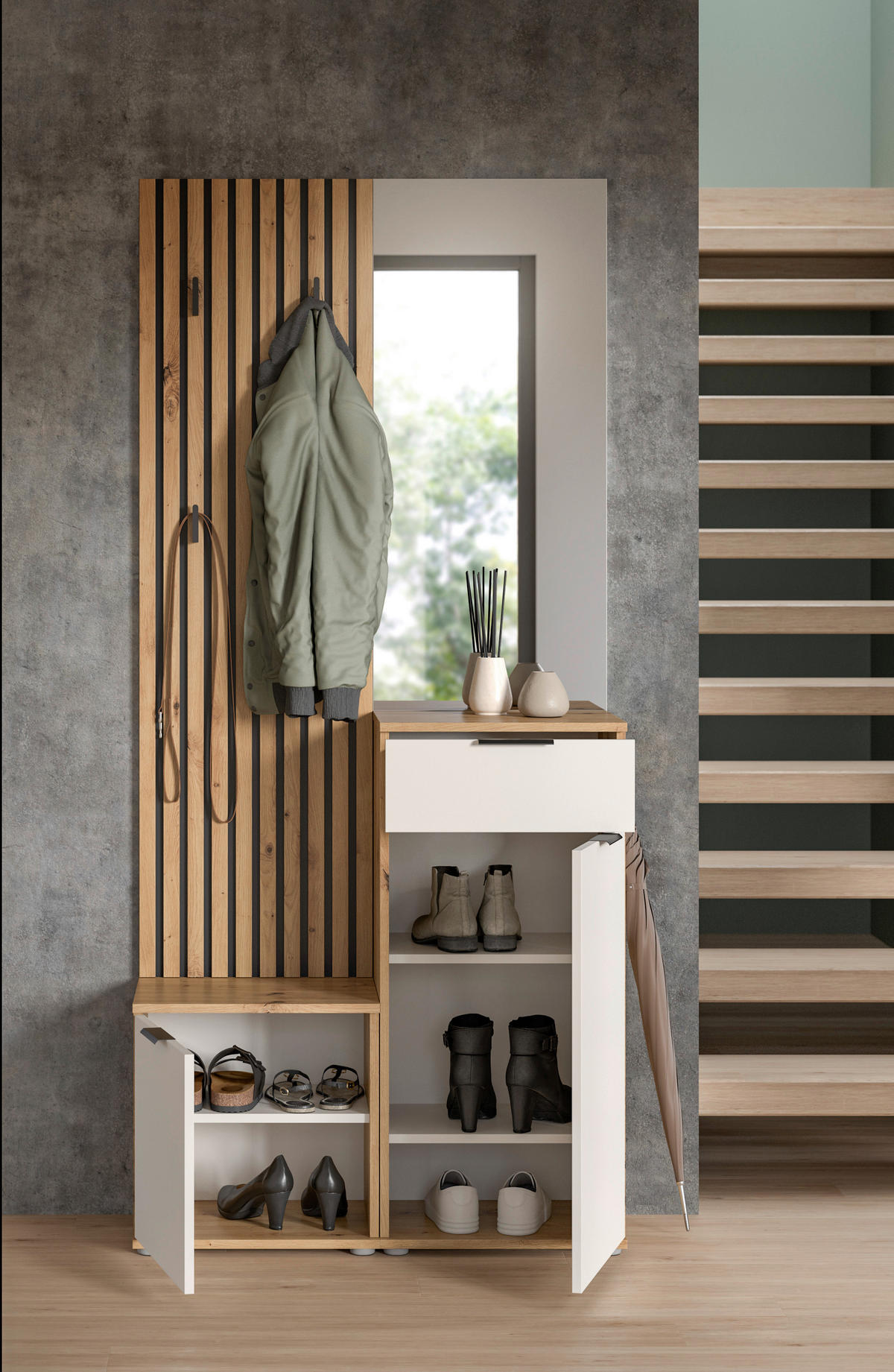 Garderobe Simple Eiche Artisan Nachbildung weiß B/H/T: ca. 88x195x35 cm Simple - Eiche/weiß (88,00/195,00/35,00cm)