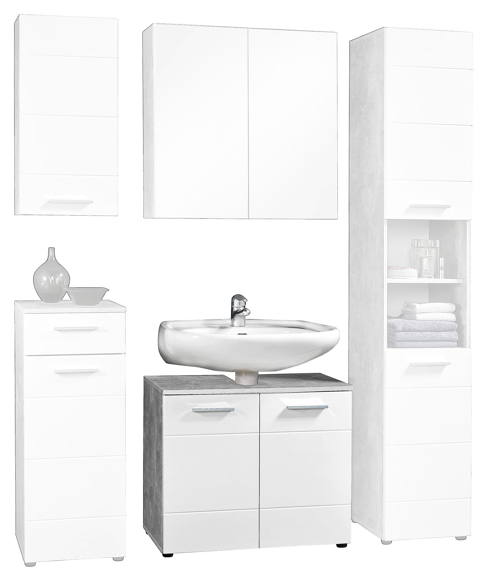 Waschbeckenunterschrank Stockholm Beton Optik weiß Hochglanz B/H/T: ca. 70x60x35 cm Stockholm - weiß (70,00/60,00/35,00cm)
