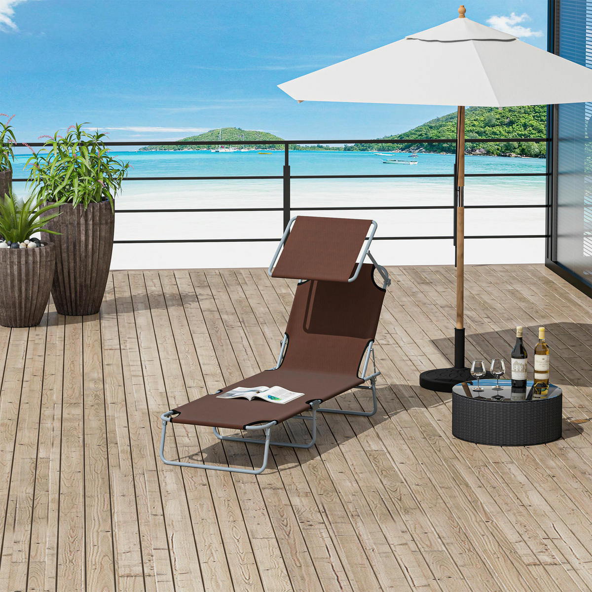 Outsunny Sonnenliege braun Metall B/H/L: ca. 58x27x187 cm Sonnenliege_mit_Sonnenschutz - braun (187,00/58,00/27,00cm) - Outsunny