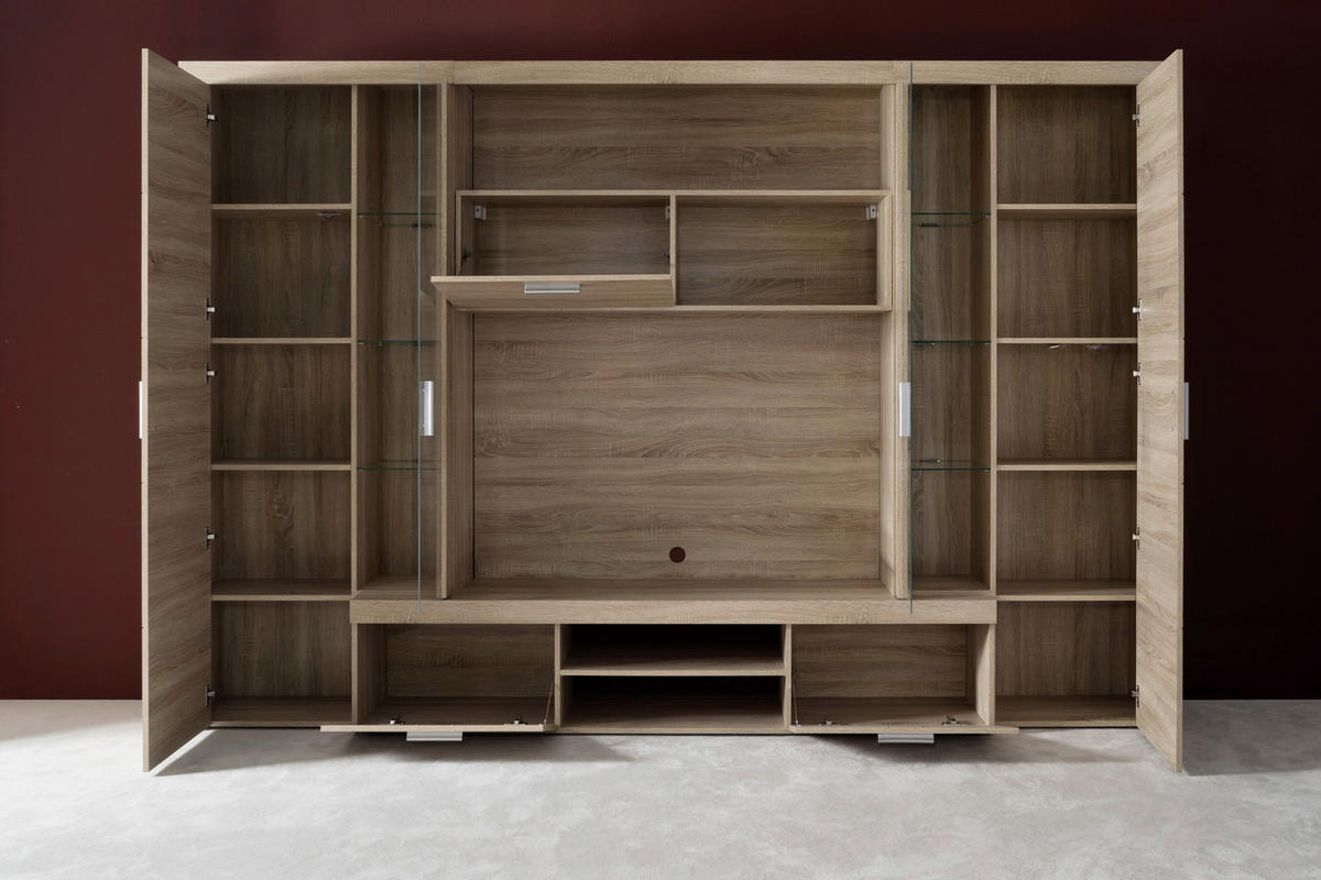 Wohnwand Mondeo Eiche Sägerau hell Nachbildung B/H/T: ca. 291x197x41 cm Mondeo - Eiche (291,00/197,00/41,00cm) - Trendteam