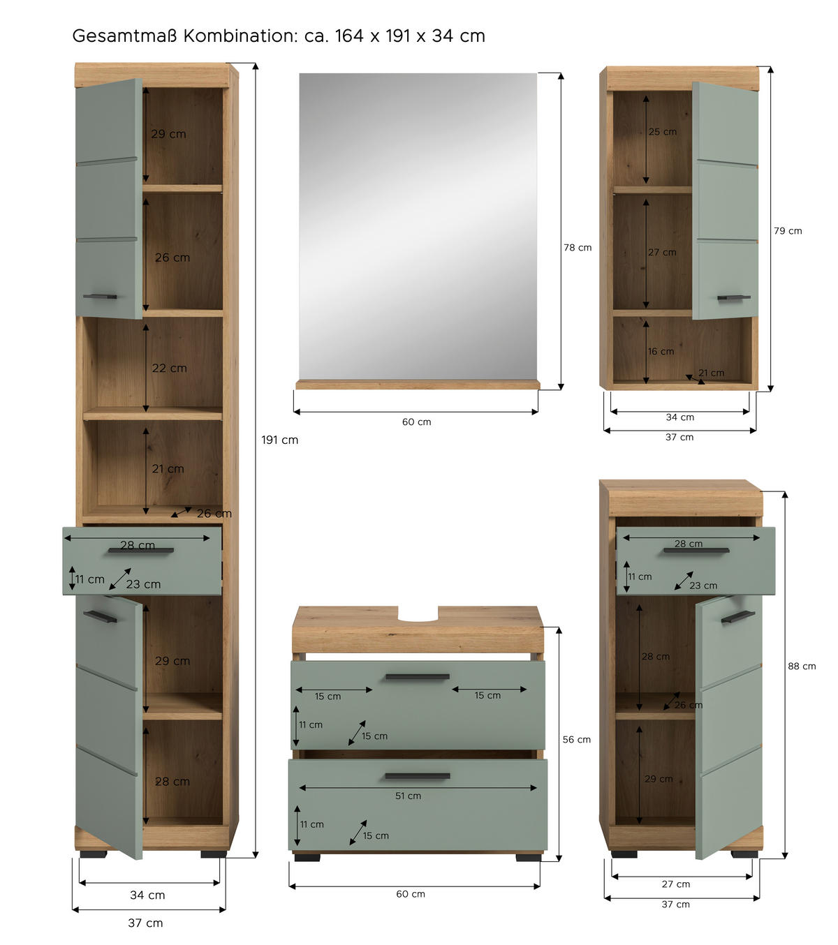 Badezimmer-Set Scout Eiche Artisan Nachbildung salbei Nachbildung B/H/T: ca. 164x191x37 cm Scout - Eiche/salbei (164,00/191,00/37,00cm) - xonox.home