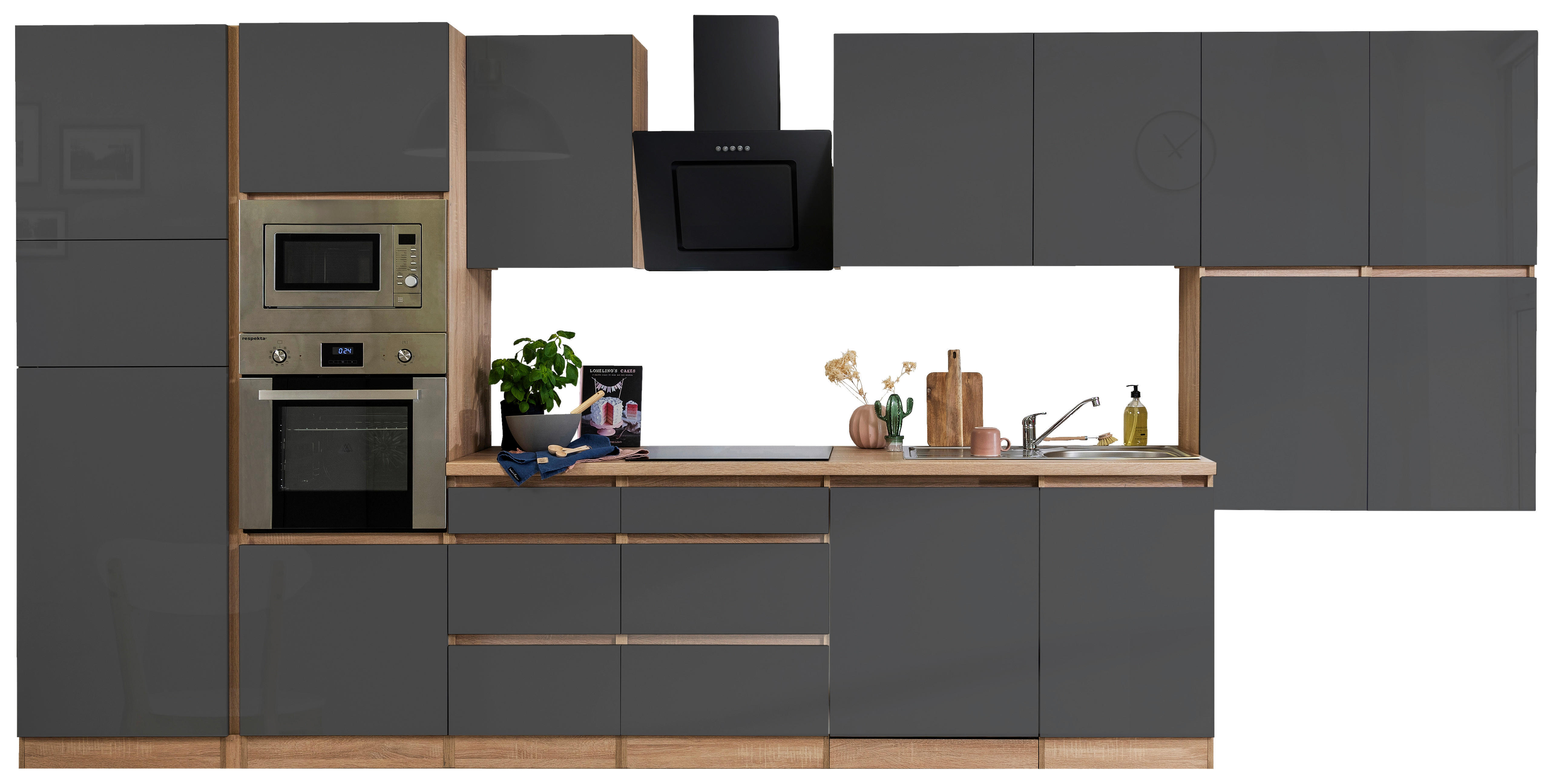 Respekta Küchenblock Premium grau hochglänzend B/H/T: ca. 445x220,5x60 cm Premium - Eiche/grau (445,00/220,50/60,00cm) - Respekta