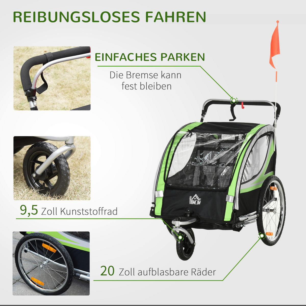 HOMCOM Fahrrad-Zubehör grün grün B/H/L: ca. 75x142x101 cm Kinderfahrradanhänger - schwarz/grün (101,00/75,00/142,00cm) - HOMCOM