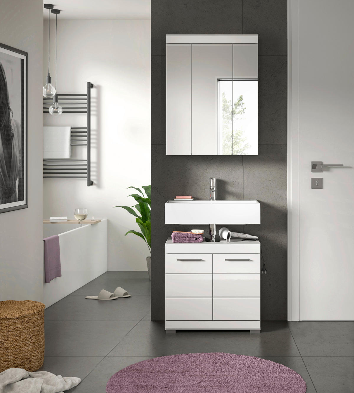 Badezimmer-Set Scout weiß weiß Hochglanz B/H/T: ca. 60x191x34 cm Scout - weiß (60,00/191,00/34,00cm) - xonox.home