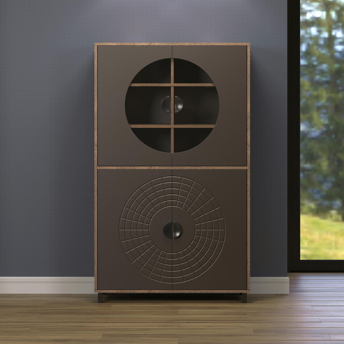 Highboardvitrine Fusion Eiche dunkel Nachbildung bronze Optik B/H/T: ca. 97x163x42 cm Fusion - Eiche/bronze (97,00/163,00/42,00cm)