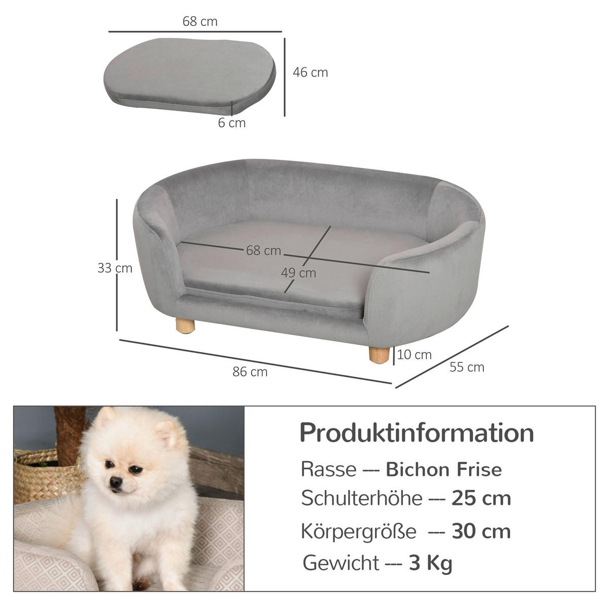 PawHut Haustiersofa hellgrau Birkenholz B/H/L: ca. 55x33x86 cm Haustiersofa - hellgrau (86,00/55,00/33,00cm) - PawHut