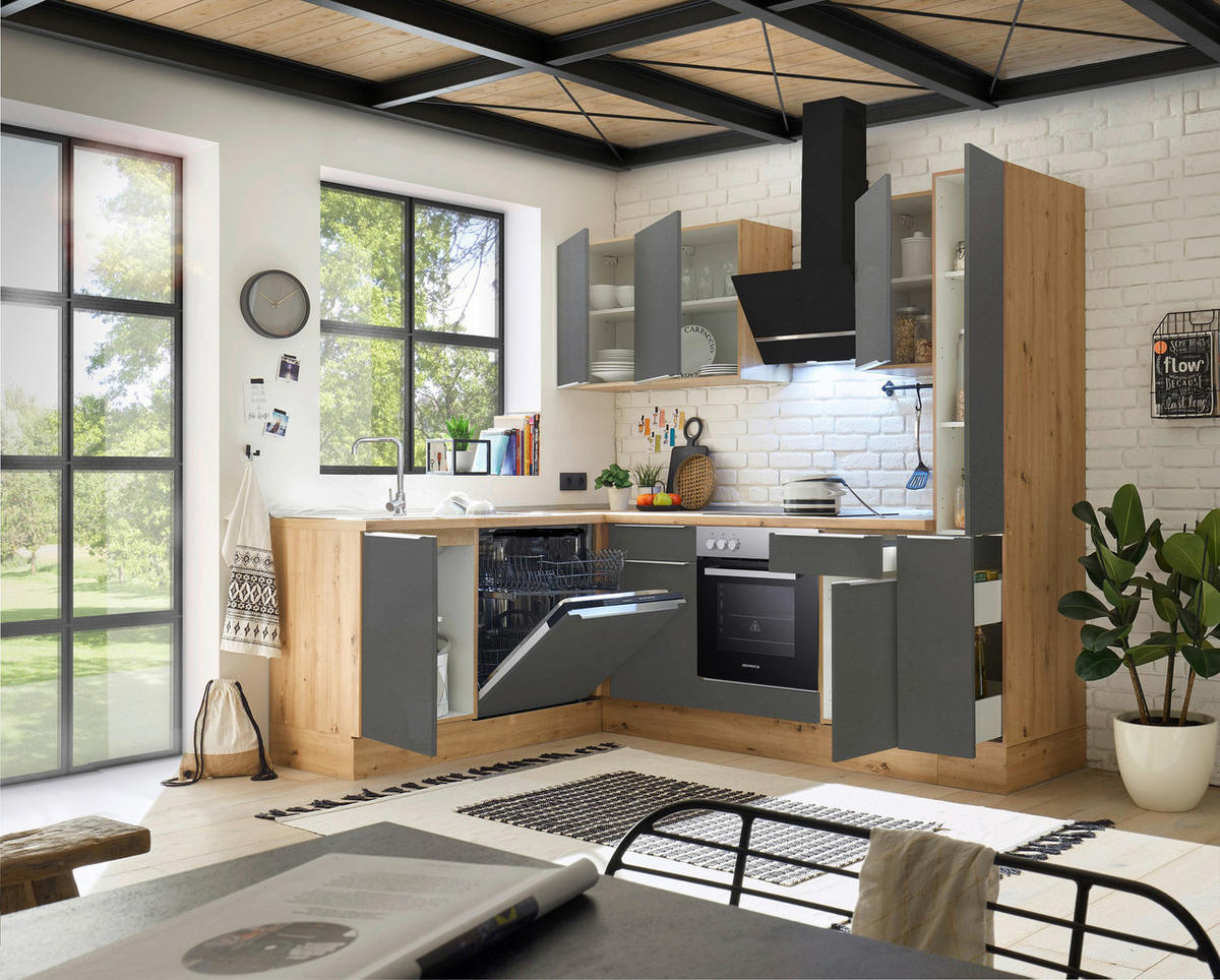 Respekta Winkelküche Marleen grau matt B/H/T: ca. 250x211x170 cm Marleen - Eiche/Alu (250,00/211,00/170,00cm) - Respekta