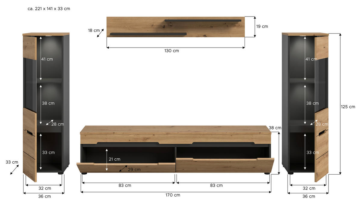 Wohnwand Canu basaltgrau Nachbildung Artisan Oak Nachbildung B/H/T: ca. 272x141x33 cm Canu - basaltgrau (272,00/141,00/33,00cm) - xonox.home