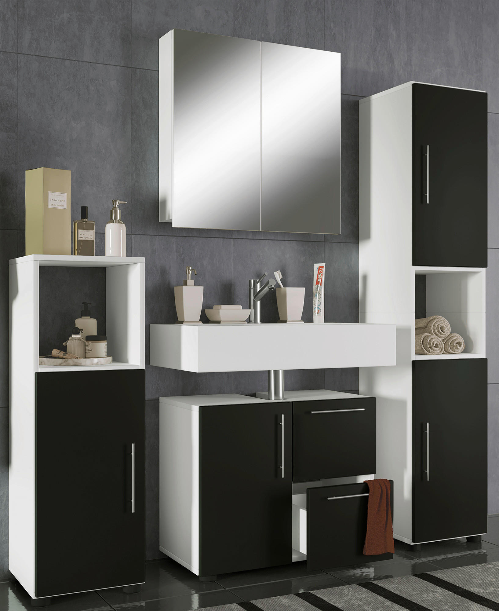 Badezimmer-Set Flandu weiß schwarz B/H/T: ca. 123x160x32 cm Flandu - weiß/schwarz (123,00/160,00/32,00cm) - VCM Möbel