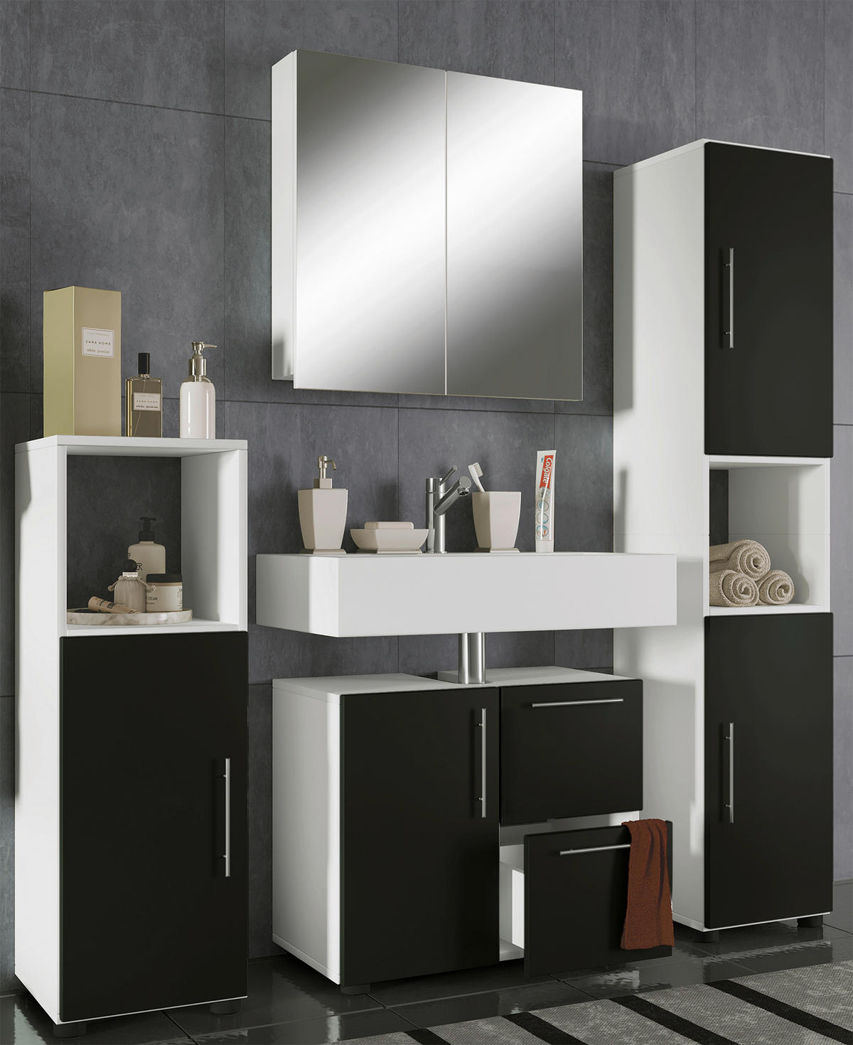 Badezimmer-Set Flandu weiß schwarz B/H/T: ca. 123x160x32 cm Flandu - weiß/schwarz (123,00/160,00/32,00cm) - VCM Möbel