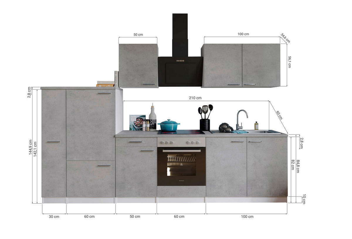 Respekta Küchenblock Malia Beton Optik B/H/T: ca. 300x200x60 cm Malia - Beton/weiß (300,00/200,00/60,00cm) - Respekta
