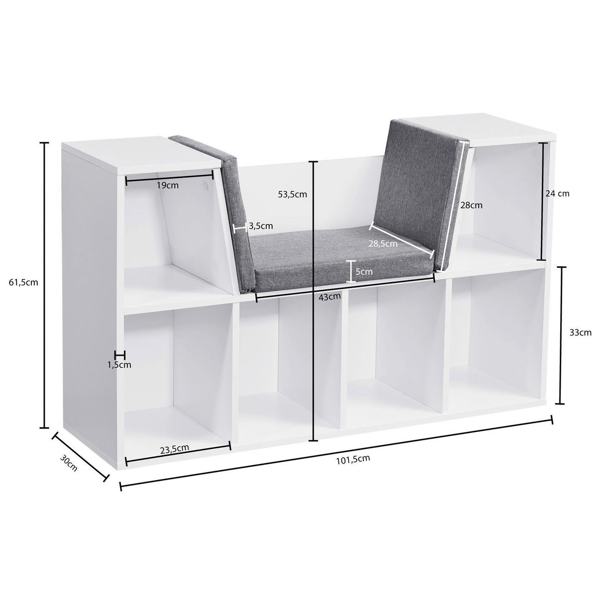 Regal weiß grau B/H/T: ca. 101,5x61,5x30 cm Regal mit Sitzfläche - weiß/grau (101,50/61,50/30,00cm) - Wohnling