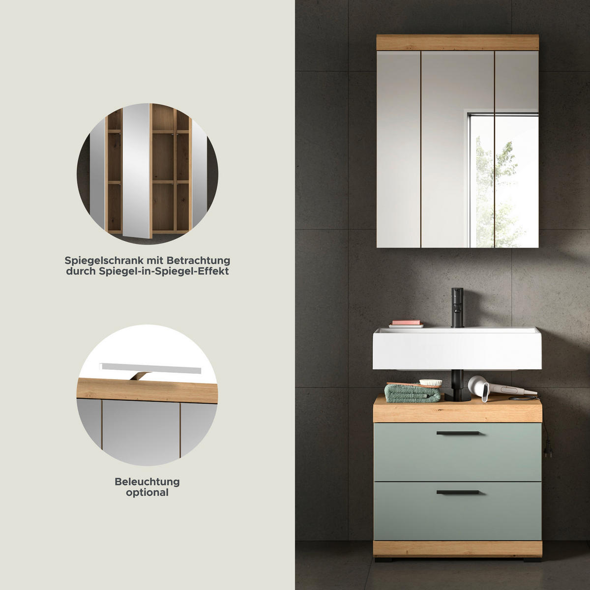 Badezimmer-Set Scout Eiche Artisan Nachbildung salbei Nachbildung B/H/T: ca. 60x191x37 cm Scout - Eiche/salbei (60,00/191,00/37,00cm) - xonox.home