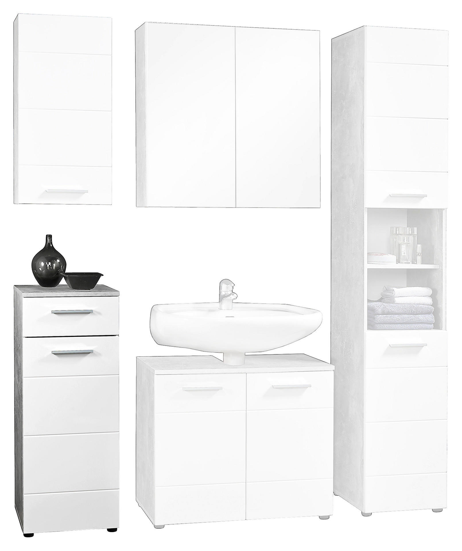 Badkommode Stockholm Beton Optik weiß Hochglanz B/H/T: ca. 35x89x35 cm Stockholm - weiß (35,00/89,00/35,00cm)