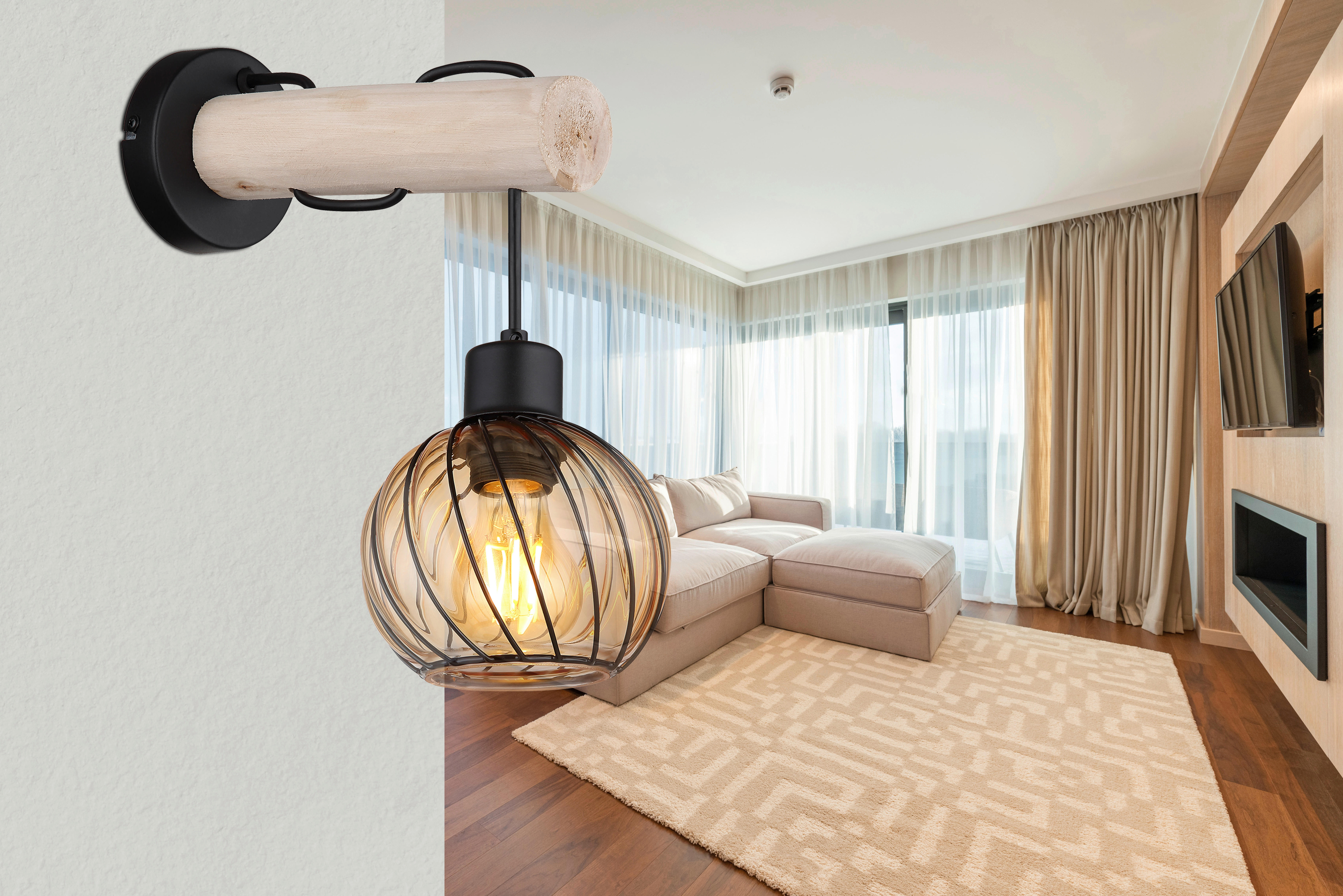 GLOBO Wandleuchte amber schwarz Metall Glas B/H: ca. 13x30 cm E27 1 Brennstellen PAULO - schwarz/amber (13,00/30,00cm) - GLOBO