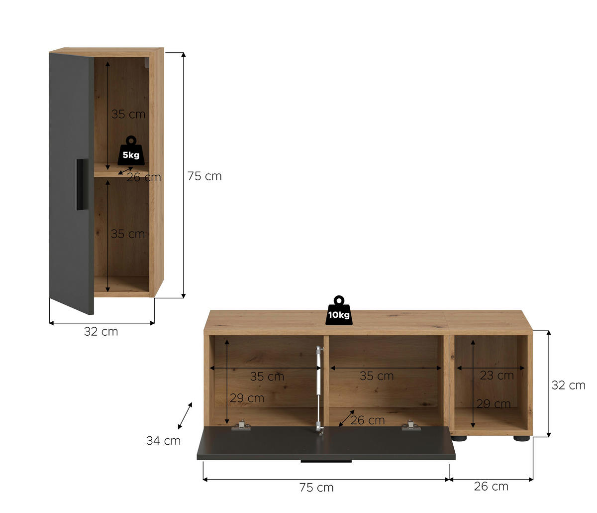 Wohnwand-Set TheOne Eiche Artisan Nachbildung anthrazit B/H/T: ca. 75x32x34 cm TheOne - Eiche/anthrazit (75,00/32,00/34,00cm)