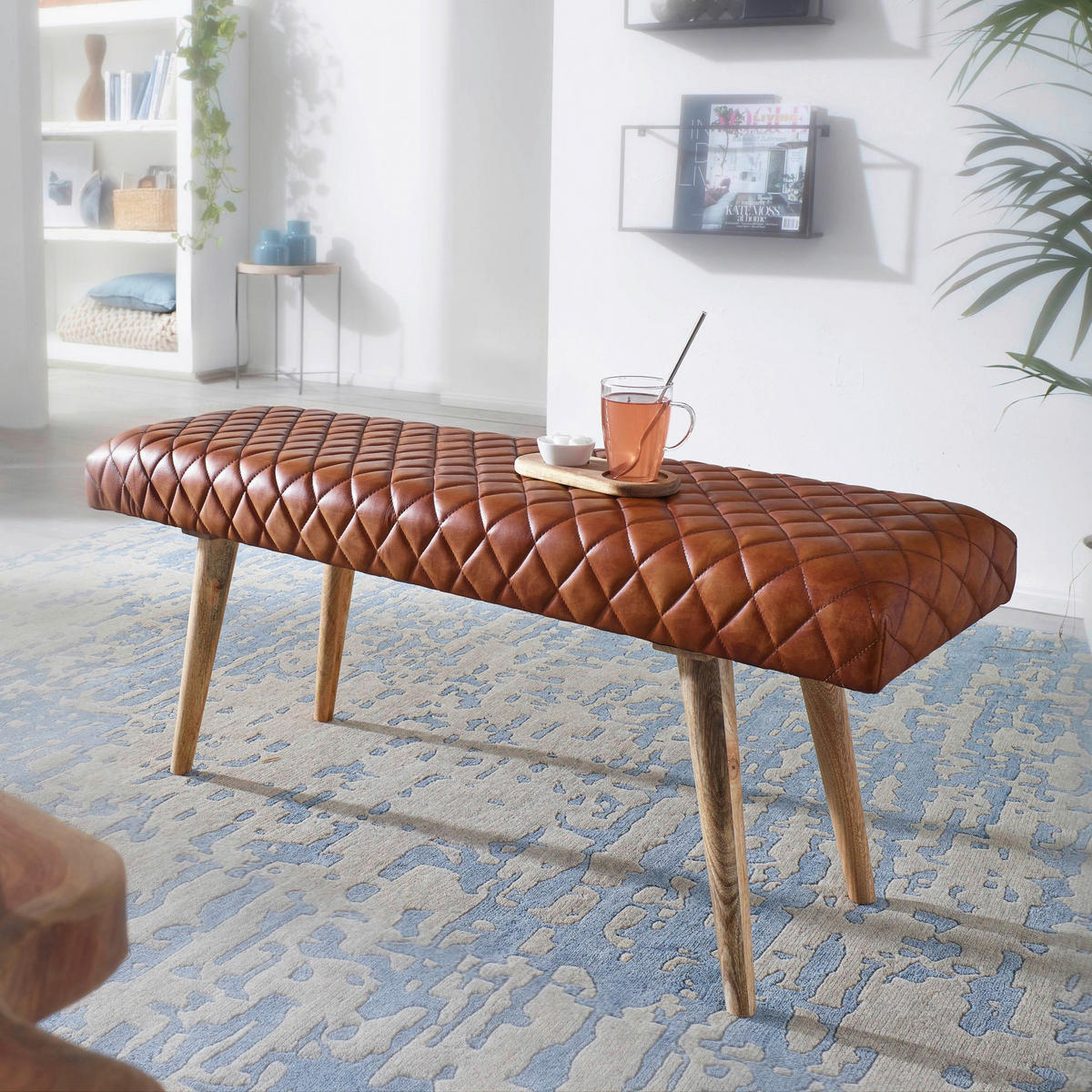 Wohnling Sitzbank braun natur Leder Echtholz B/H/T: ca. 115x53x38 cm Sitzbank - braun/natur (115,00/53,00/38,00cm) - Wohnling