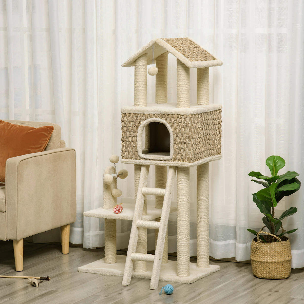 PawHut Kratzbaum beige Polyester B/H/L: ca. 40x131x69 cm Kratzbaum - beige/khaki (69,00/40,00/131,00cm) - PawHut