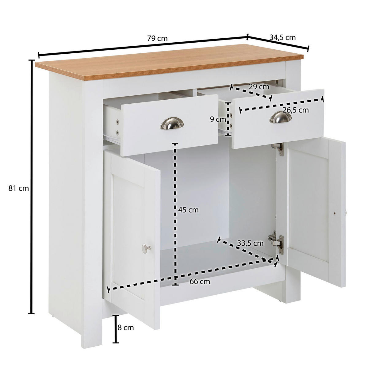 Sideboard weiß buche Nachbildung Alu B/H/T: ca. 79x81x34,5 cm Sideboard - weiß/buche (79,00/81,00/34,50cm) - Wohnling