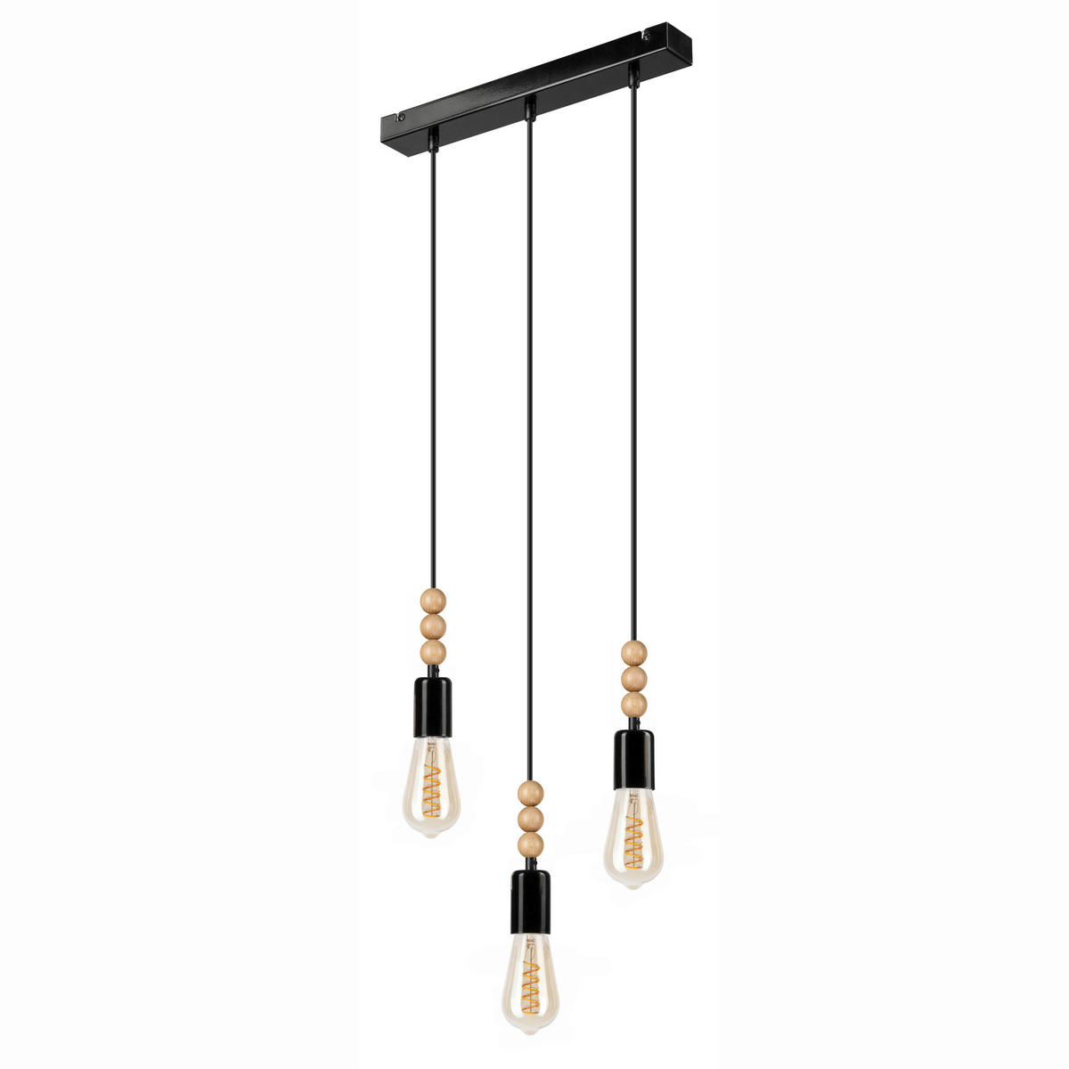 Lamkur Pendelleuchte SIMON 37363 schwarz Stahl Holz H/L: ca. 94x40 cm E27 3 Brennstellen Simon - schwarz (40,00cm) - Lamkur
