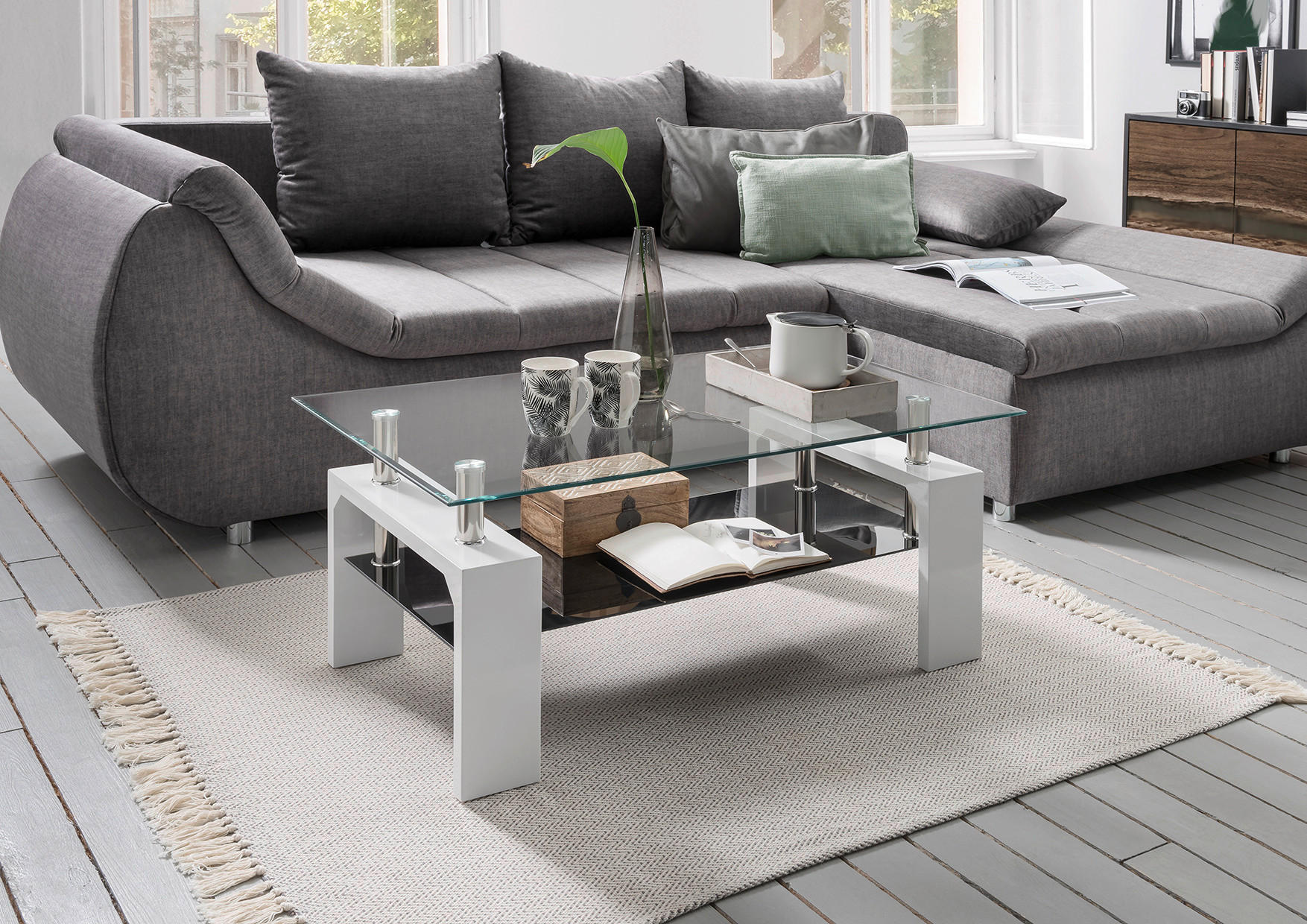 Glascouchtisch Modena glasklar weiß Hochglanz B/H/T: ca. 100x45x60 cm Modena - weiß/glasklar (100,00/45,00/60,00cm)