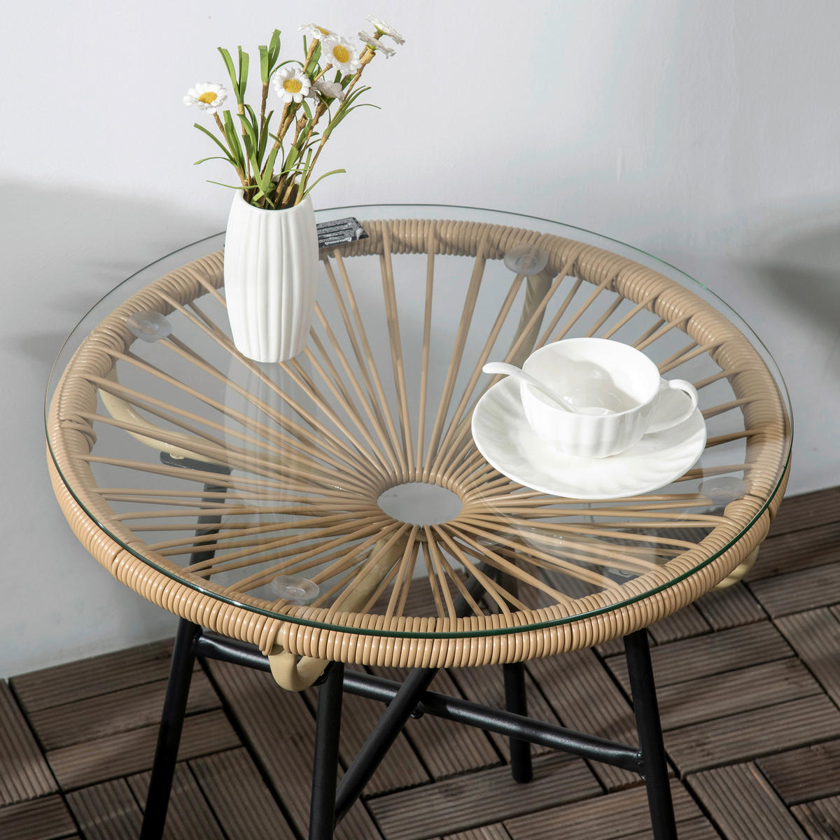 Outsunny Beistelltisch beige Eisen B/H/L: ca. 50x50x50 cm Rattan_Beistelltisch - beige (50,00/50,00/50,00cm) - Outsunny