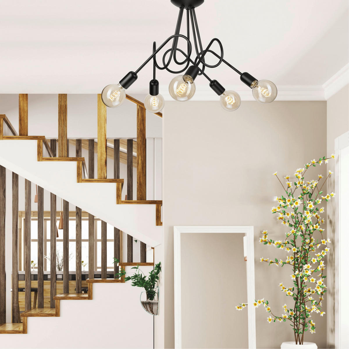 Lamkur Kronleuchter schwarz Stahl B/H/L: ca. 39x54x54 cm E27 5 Brennstellen Lizzy - schwarz (54,00/39,00/54,00cm) - Lamkur